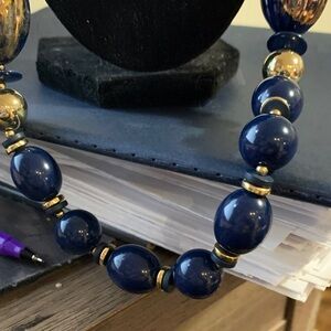 Navy Blue Beaded Necklace with Gold Accents